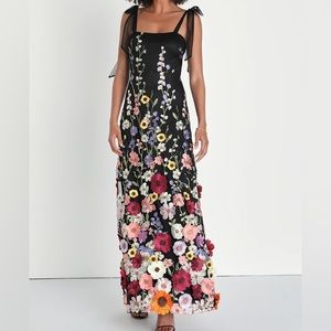 Lulus Thriving Poise Black 3D Floral Embroidered Tie-Strap Maxi Dress